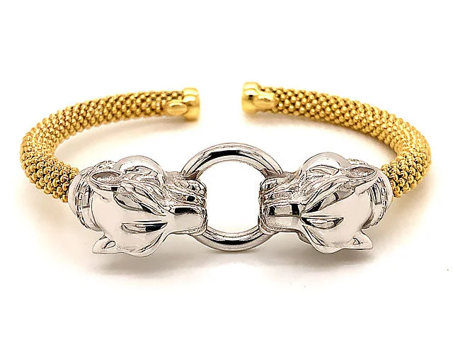 Custom Bracelets for Bridal Parties-Double Jaguar Head 2 Toned Flexible Cuff Bracelet in 14k White and Yellow Gold