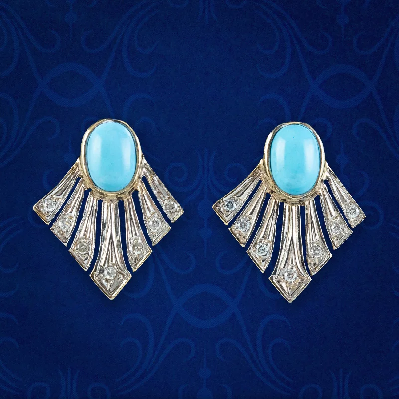 Luxury Gold Earrings for Women-Art Deco Style Turquoise Diamond Fan Earrings 9ct Gold