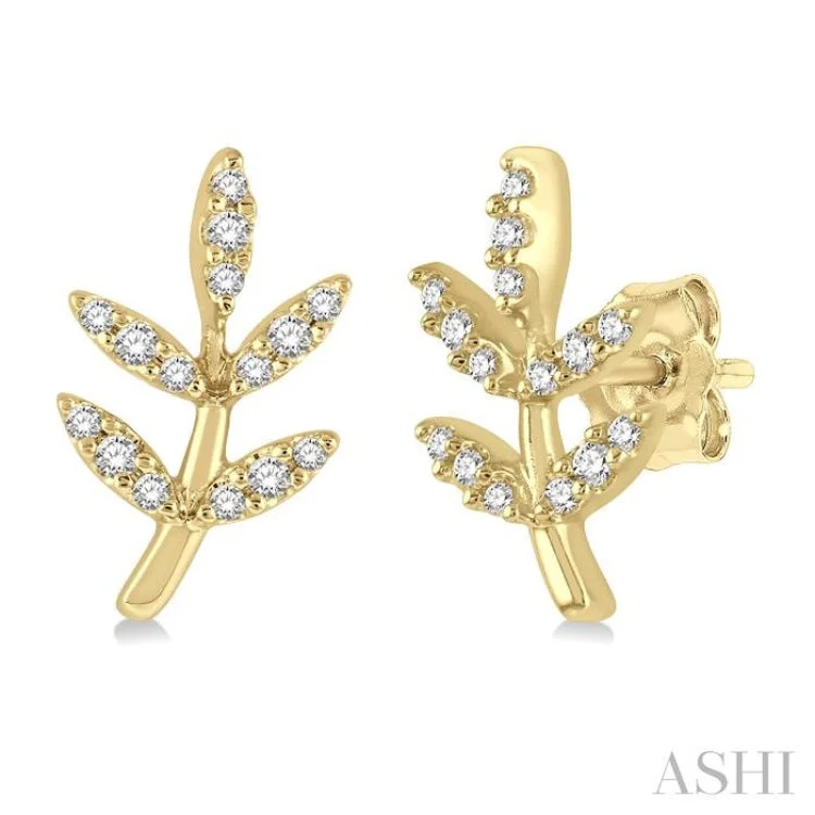 Pearl Stud Earrings for Brides-1/8 Ctw Leaf Motif Round Cut Diamond Petite Fashion Earring in 10K Yellow Gold