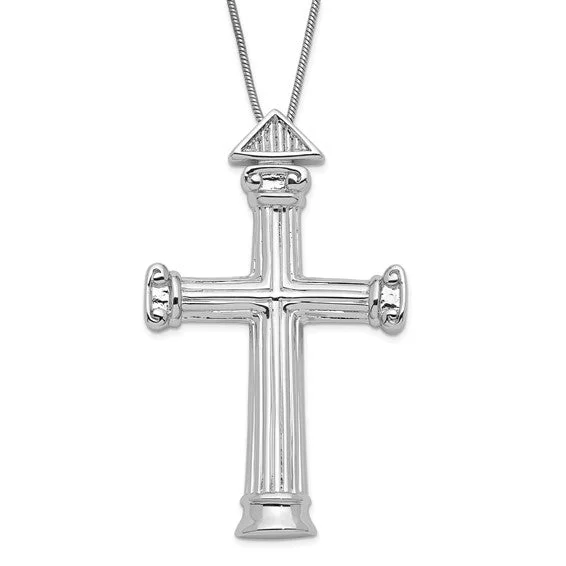 Wedding Necklace for Brides-Rhodium Plated Sterling Silver Strength Pillar Cross Necklace, 18 Inch