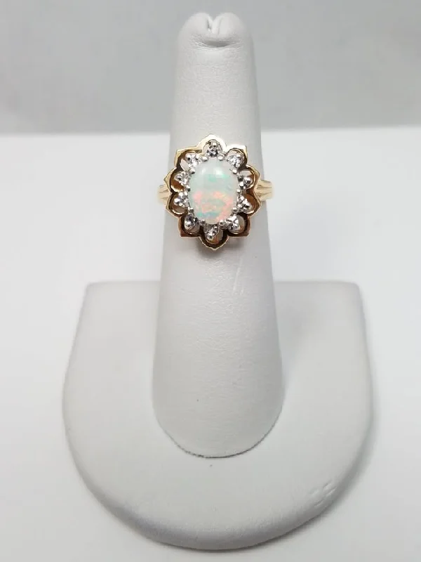 Custom Gold Wedding Ring for Women-Decorative 14k Yellow Gold Natural Australian Opal Diamond Ring