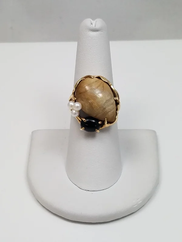 Colored Gemstone Ring for Fashion-Vintage Natural Gold, Black Coral, & Cultured Pearl 14k Yellow Gold Ring