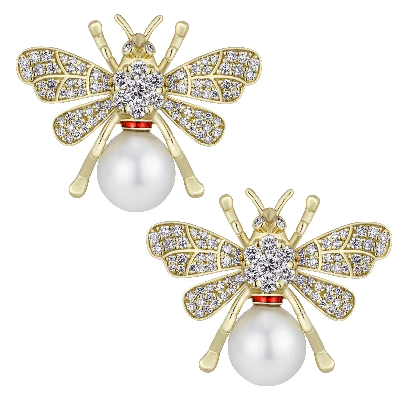 Stylish Gold Earrings for Weddings-Earrings - South Sea Pearl And Diamond (enamel)