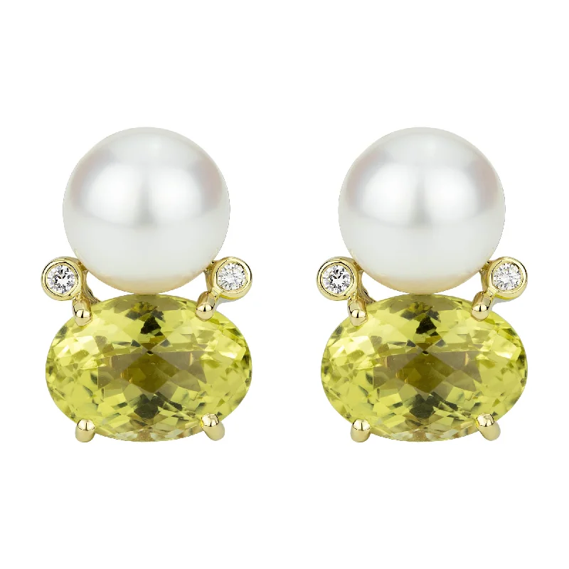 Gorgeous Earrings for Bridesmaids-Earrings - South Sea Pearl, Lemon Quartz And Diamond