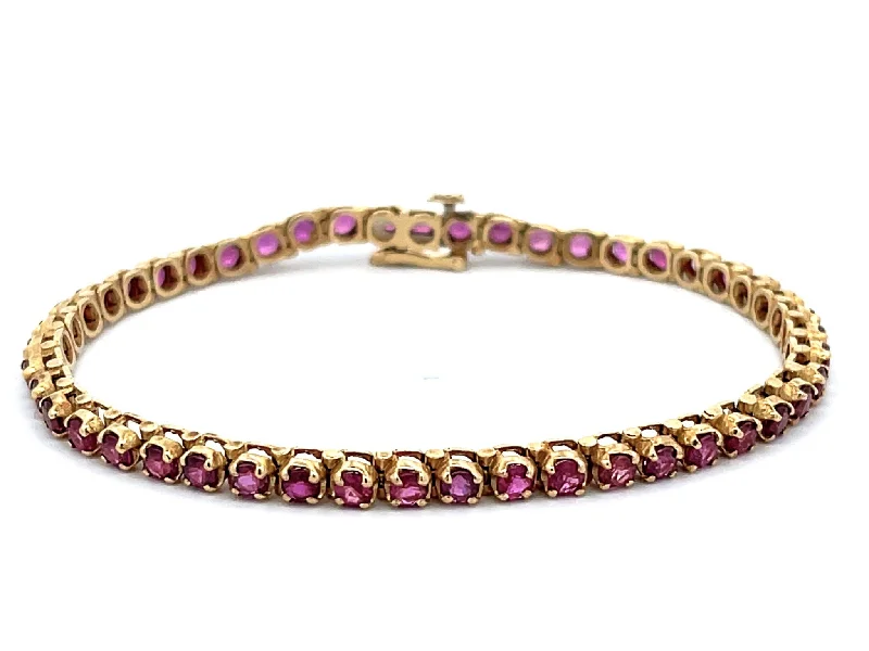 Custom Birthstone Bracelet for Women-Round Red Ruby Tennis Bracelet in 14k Yellow Gold