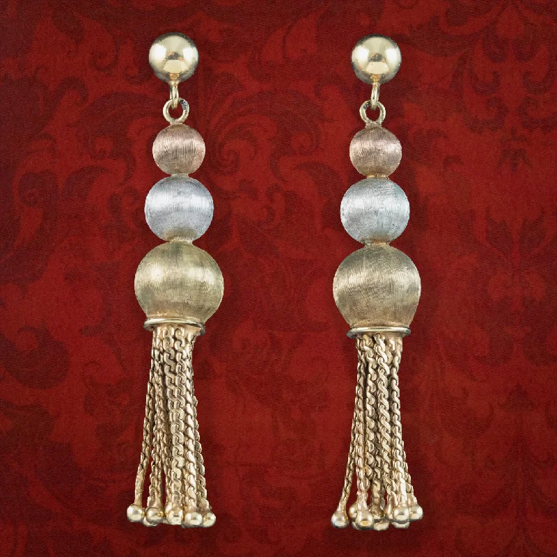 Gold Plated Earrings for Women-Vintage Tassel Drop Earrings Two Tone 9ct Gold Dated 1983