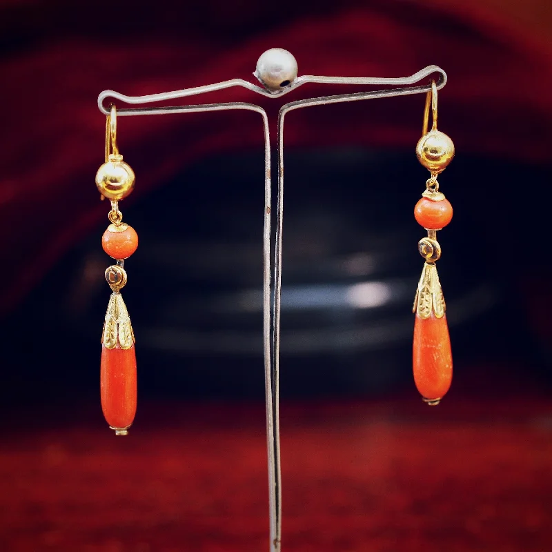 Sparkling Earrings for Bold Fashion-Fine Antique Etruscan Revival Coral Earrings