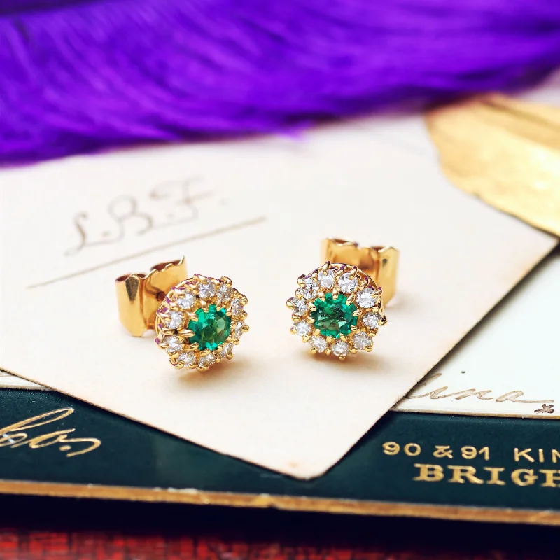 Stylish Gold Earrings for Weddings-Fabulous Vintage Date 1981 Emerald & Diamond Earrings