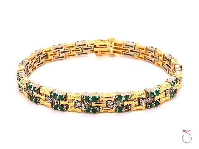 Beautiful Diamond Bracelet for Weddings-Vintage Emerald and Diamond Bamboo Design Bracelet 18k Yellow Gold