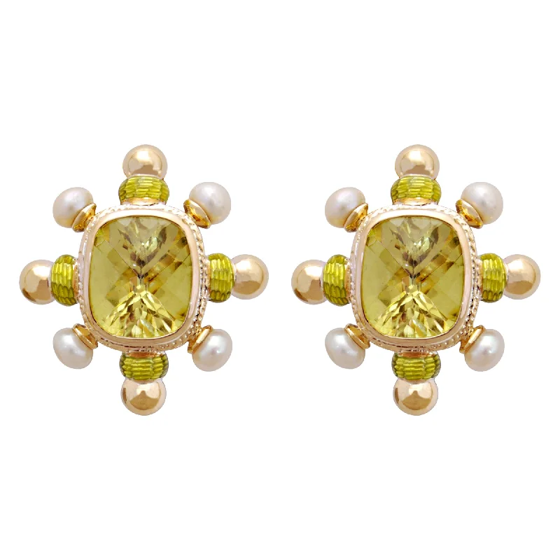 Customizable Earrings for Weddings-Earrings- Lemon Quartz And Pearl (enamel)