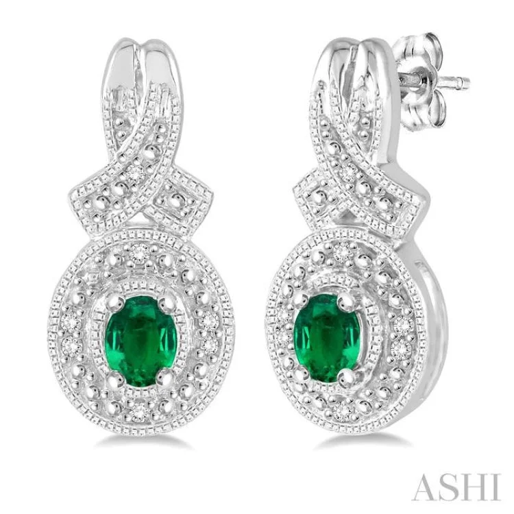 Classic Earrings for Every Occasion-4x3 mm Oval Cut Emerald and 1/20 ctw Single Cut Diamond Earrings in Sterling Silver