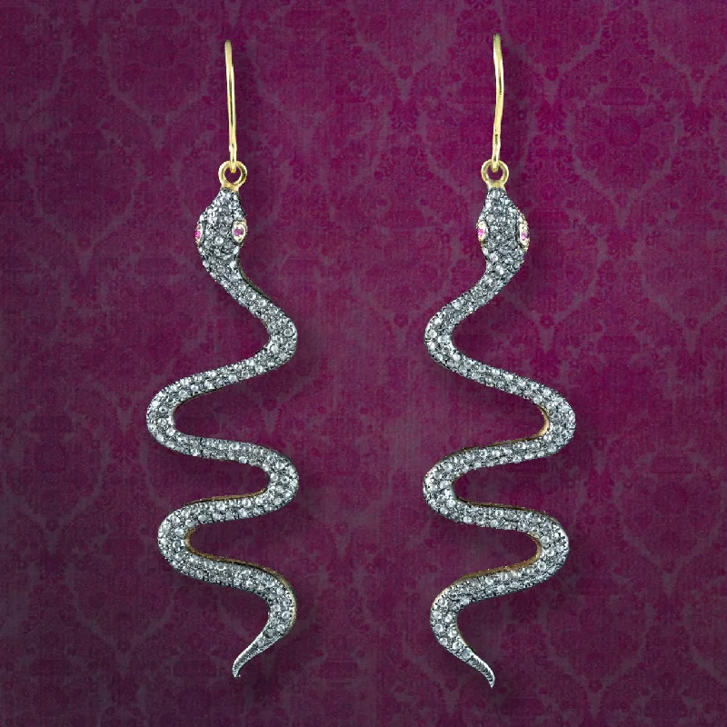 Diamond Drop Earrings-Victorian Style Diamond Snake Drop Earrings 18ct Gold Silver