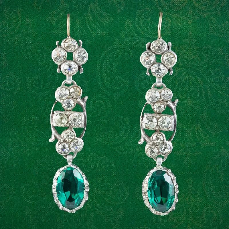 Chunky Earrings for Fashion-Georgian Style Green Paste Drop Earrings Silver