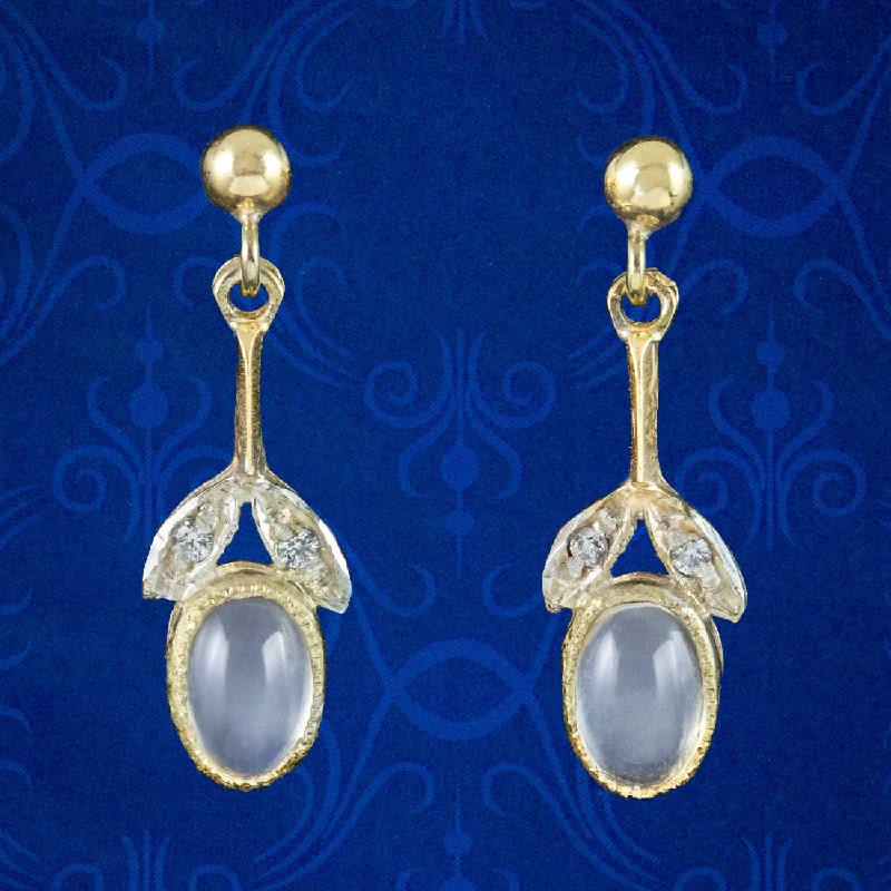 Elegant Stud Earrings for Weddings-Edwardian Style Moonstone CZ Drop Earrings 18Ct Gold Silver