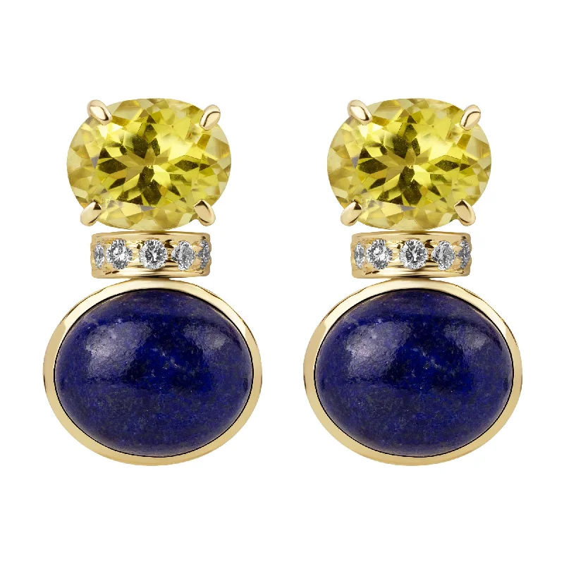 Gold Earrings for Evening Events-Earrings - Lemon Quartz, Lapis Lazuli  And Diamond