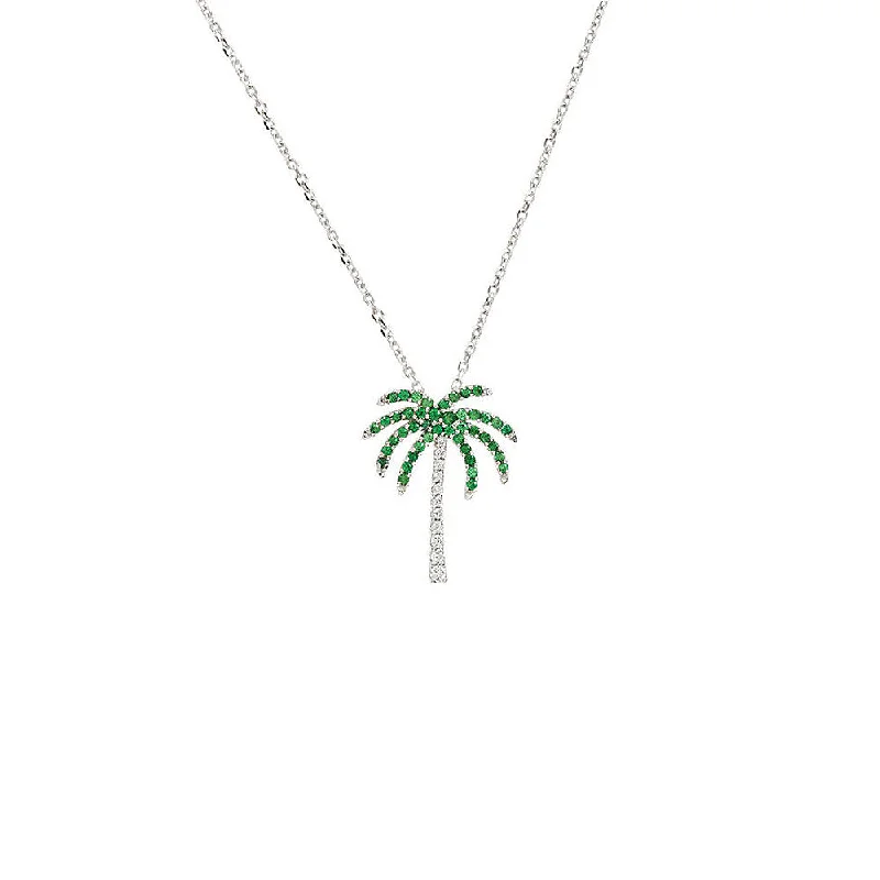 Gold Necklace with Crystal Pendant-Tsavorite Garnet & Diamond Palm Tree 14k White Gold Necklace, 16 Inch