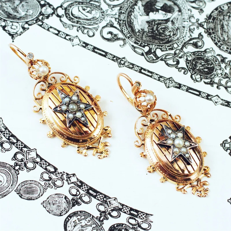 Chic Earrings for Evening Look-Antique French 'Night & Day' 18ct Gold Pearl Earrings