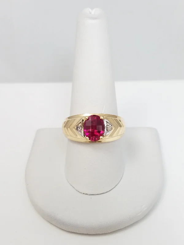 Custom Ring with Personalized Engraving-Fabulous 10k Yellow Gold Lab Grown Ruby Natural Diamond Ring