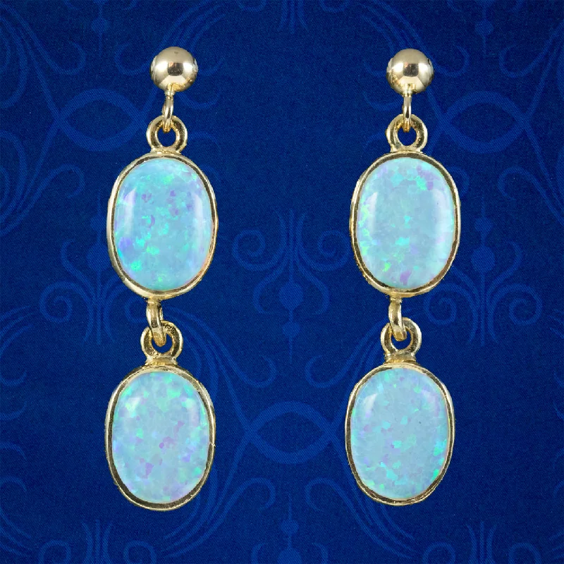 Cute Earrings for Everyday Wear-Victorian Style Opal Double Drop Stud Earrings 9ct Gold