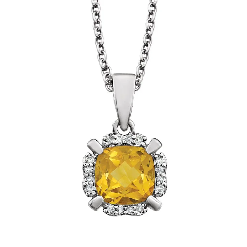 Elegant Wedding Necklace for Brides-Cushion Citrine & Diamond Necklace in 14k White Gold, 18 Inch