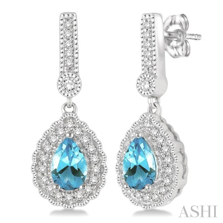 Vintage Drop Earrings for Women-6x4 Pear Shape Aquamarine and 1/4 Ctw Round Cut Diamond Earrings in 14K White Gold