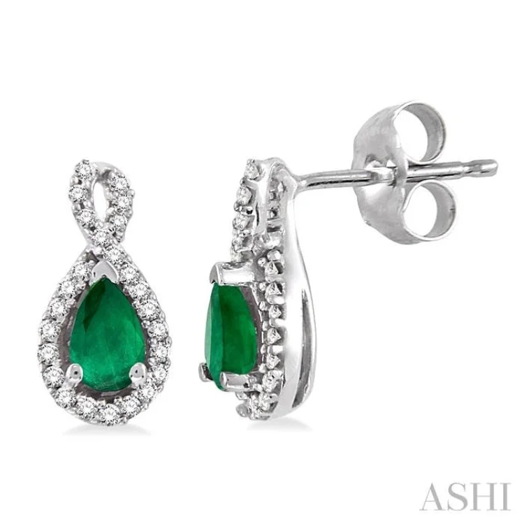 Handmade Earrings for Gift Ideas-5x3mm Pear Shape Emerald and 1/6 Ctw Round Cut Diamond Earrings in 14K White Gold