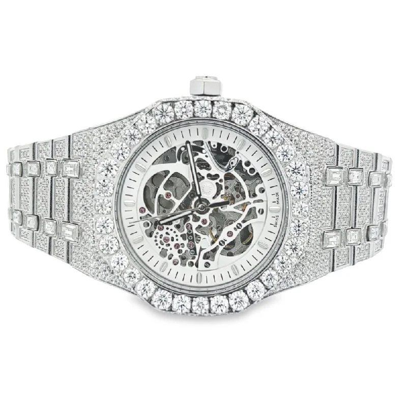 Elegant Watches for Brides-Skeleton Moissanite Steel VVS Iced Out Watch