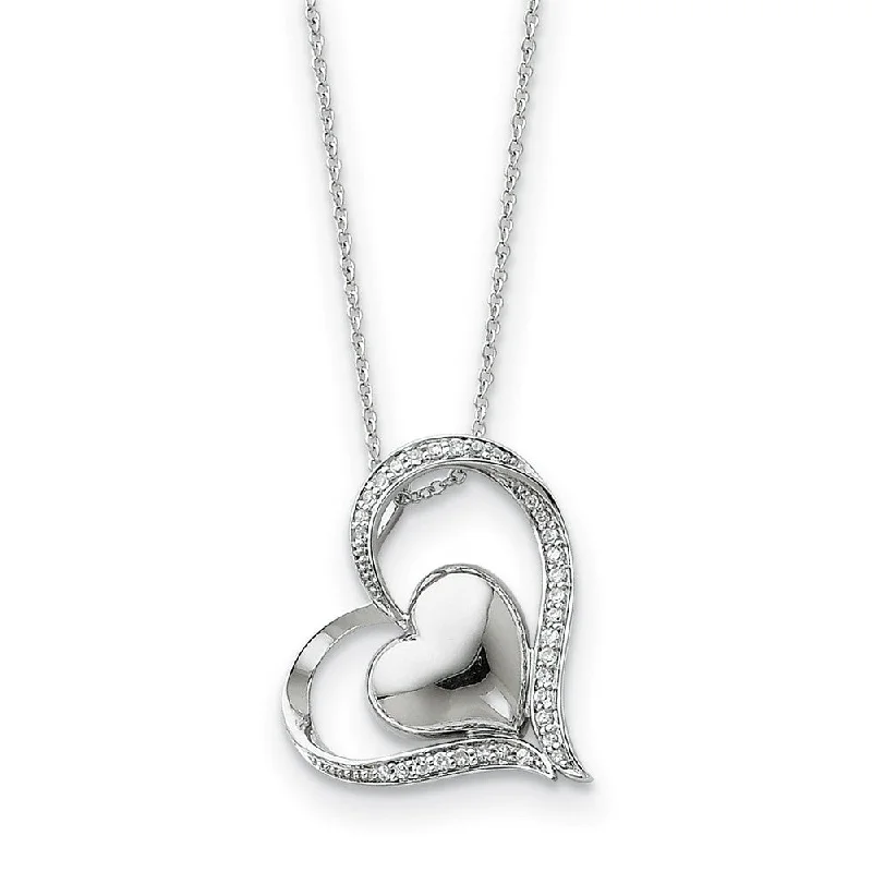 Simple Pendant Necklace for Day Wear-Rhodium Plated Sterling Silver & CZ In My Heart Necklace, 18 Inch