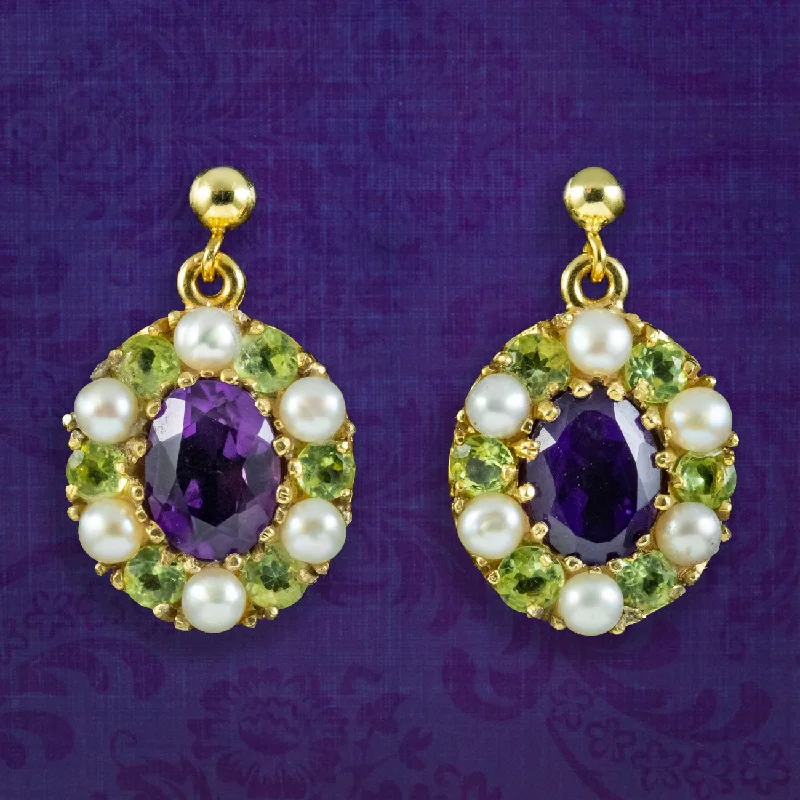 Soft Silver Earrings for Sensitive Ears-Edwardian Suffragette Style Drop Earrings Amethyst Peridot Pearl