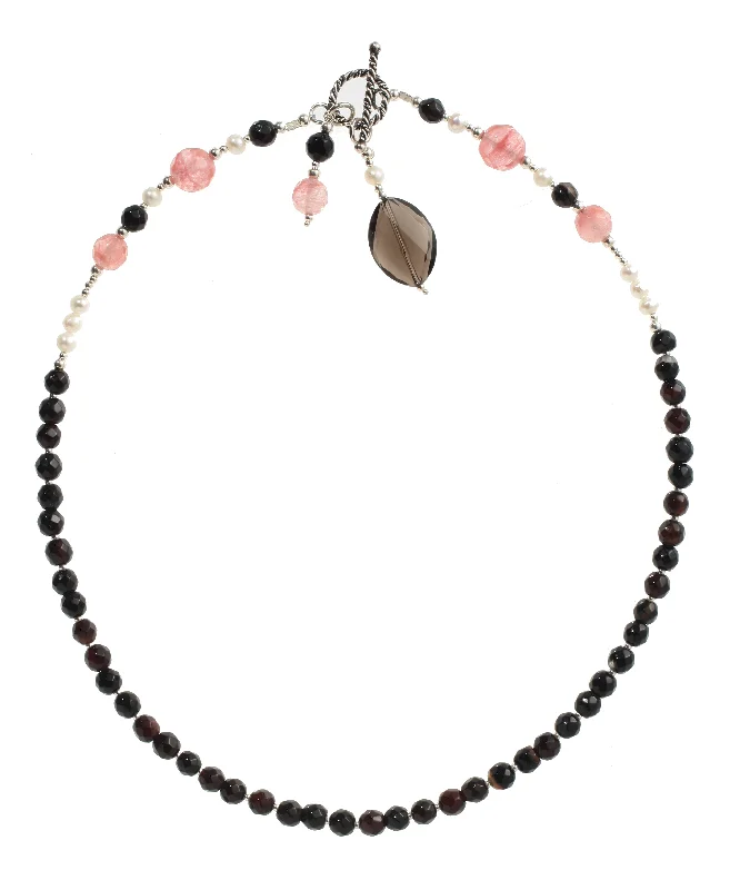 Gold Pendant Necklace for Stylish Women-Pink & Black Agate & White Pearl Necklace