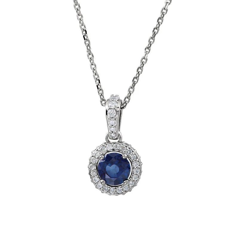 Rose Gold Pendant Necklace for Brides-Sapphire & 1/4 Ctw Diamond Entourage 14k White Gold Necklace, 18 Inch