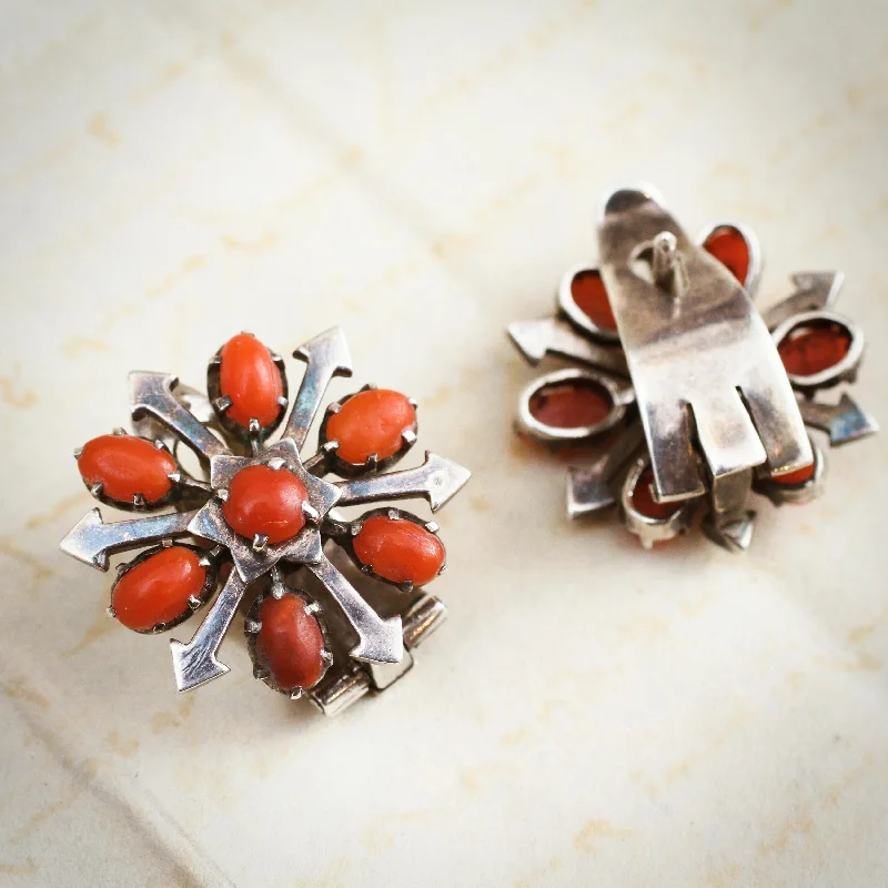 Stylish Earrings for Teen Girls-Vintage Mid Century Mexican Coral Silver Earrings