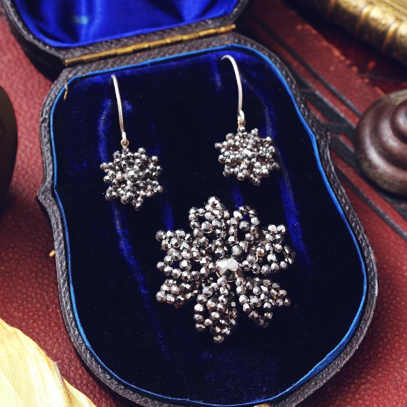 Silver Earrings for Elegant Looks-Matching Georgian Cut Steel Earrings & Brooch