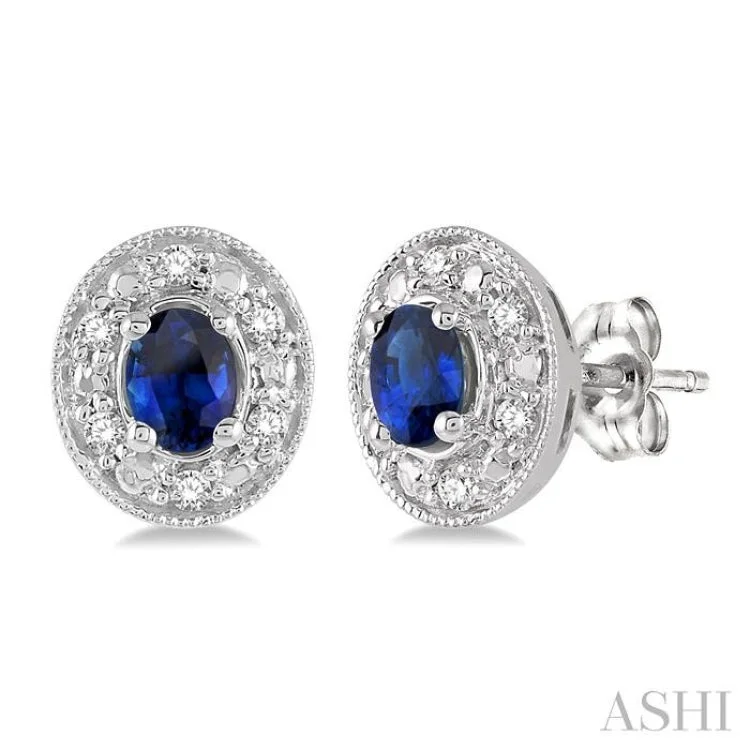 Elegant Gold Earrings for Brides-4x3mm Oval Shaped Sapphire and 1/10 Ctw Single Cut Diamond Earrings in 14K White Gold