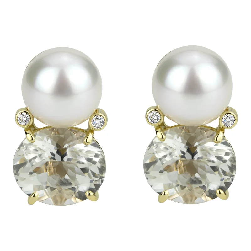 Golden Earrings for Night Events-Earrings - South Sea Pearl, Crystal And Diamond