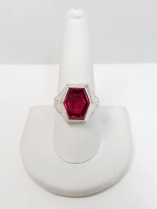 Diamond Ring for Women-Art Deco 1930's Synthetic Red Gemstone 14k White Gold Ring