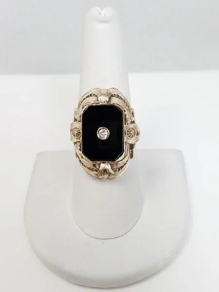 Custom Diamond Ring for Engagement-Grand 1930's 14k White Gold Natural Onyx Diamond Filigree Ring