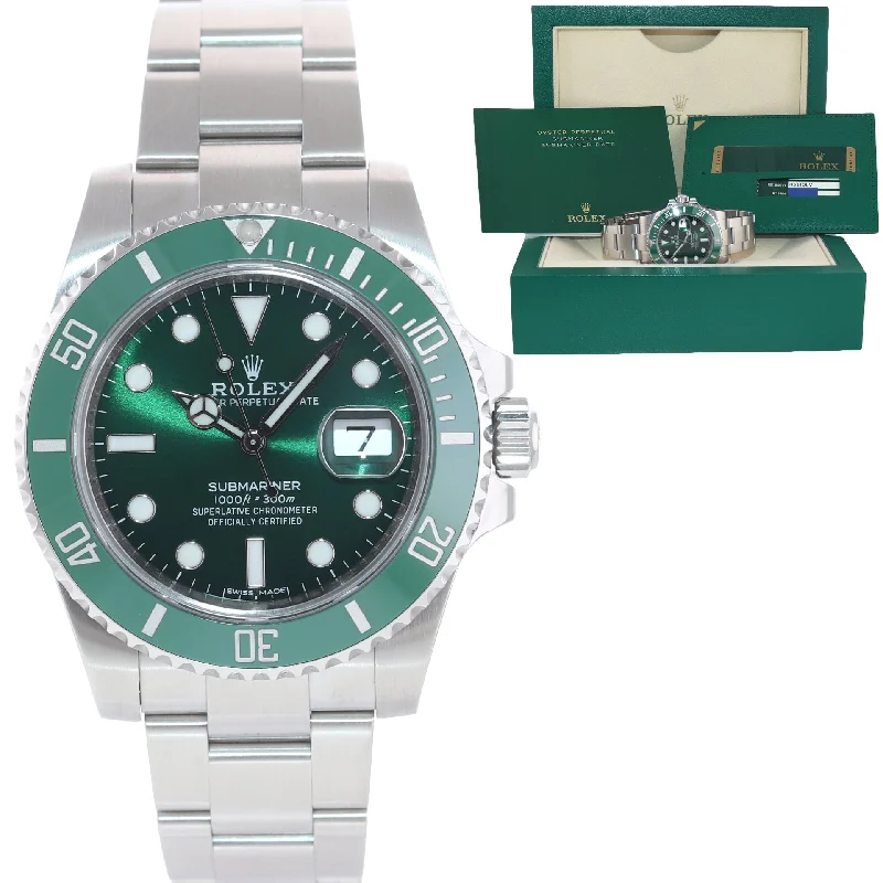 Men's Watches with Classic Leather Straps-MINT 2013 PAPERS Rolex Submariner Hulk Green Ceramic 116610LV Steel Watch Box