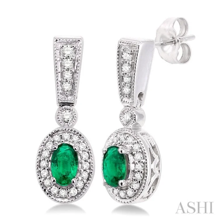 Beautiful Stud Earrings for Women-5x3mm Oval Cut Emerald and 1/3 Ctw Round Cut Diamond Earrings in 14K White Gold