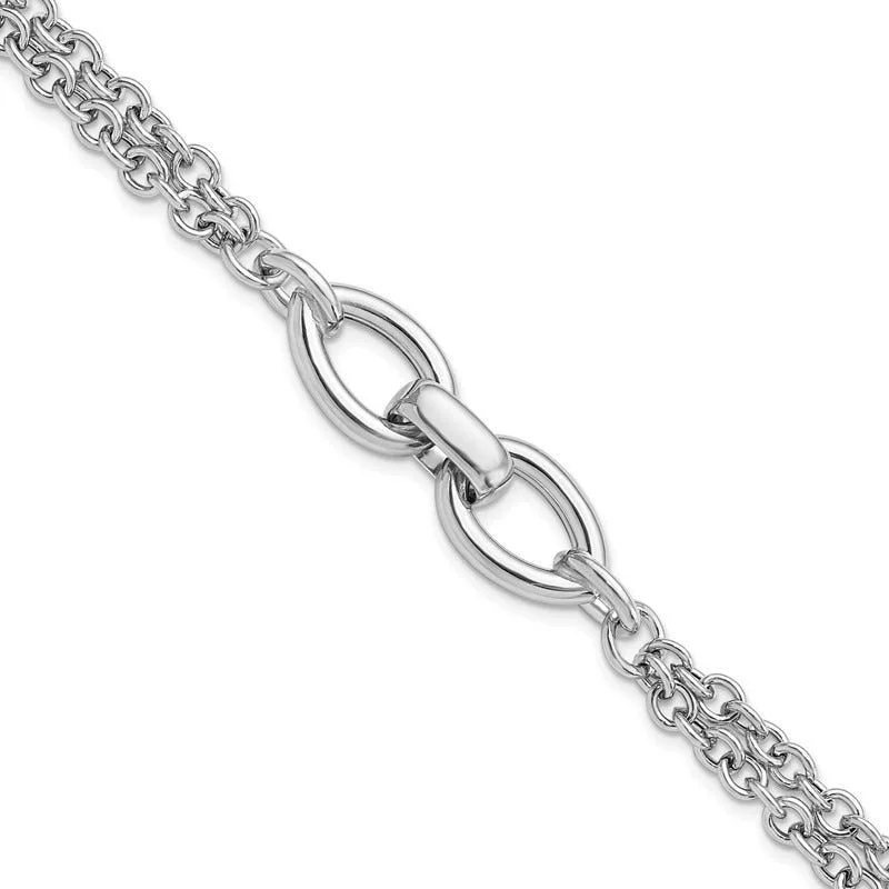 Elegant Silver Bracelet for Evening Wear-Sterling Silver Rhodium-pltd Double Chain w/2 Oval Links Bracelet