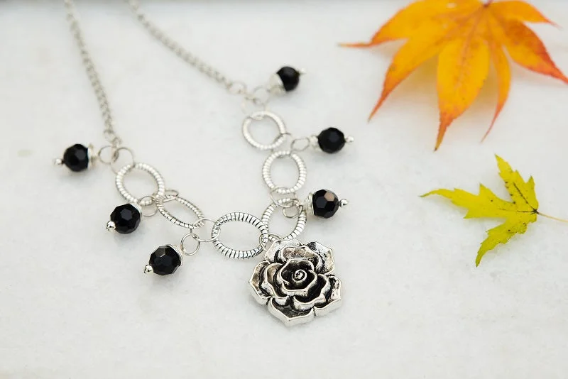 Rose Gold Necklace for Women-Flower and Onyx Necklace