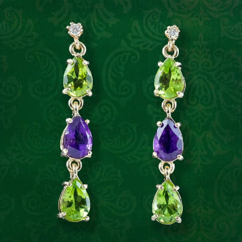 Earrings for Sensitive Ears-Edwardian Style Suffragette Drop Earrings Diamond Peridot Amethyst