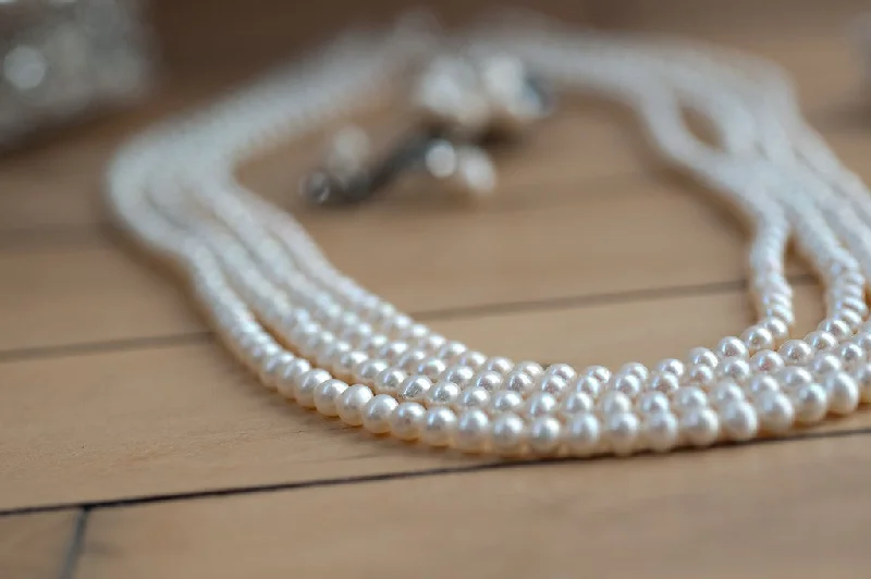 Elegant Choker Necklace for Brides-Four Strand Stayed White Pearl Necklace