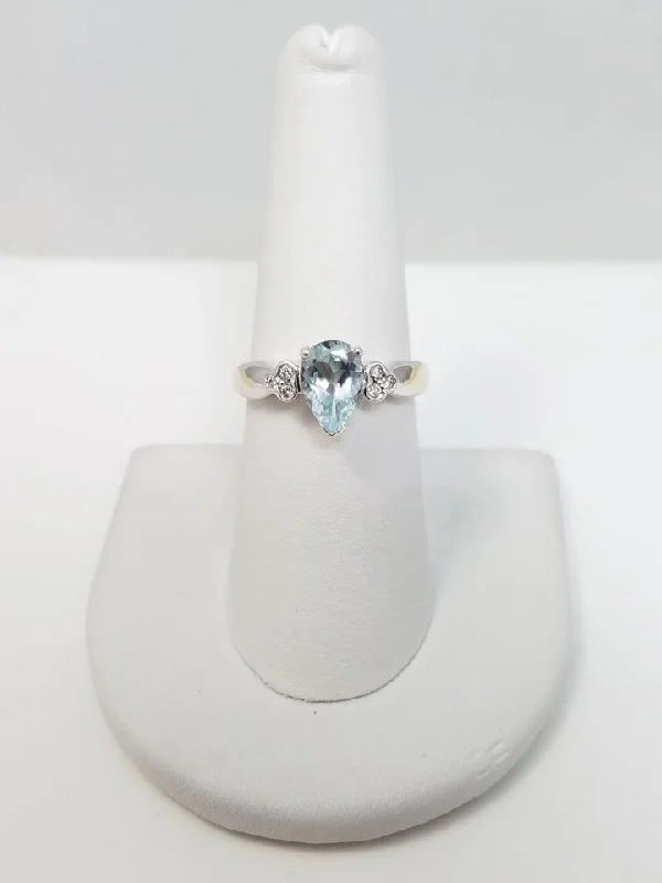 Engagement Ring with Diamonds and Sapphire-Soothing 14k White Gold Natural Aquamarine Diamond Ring