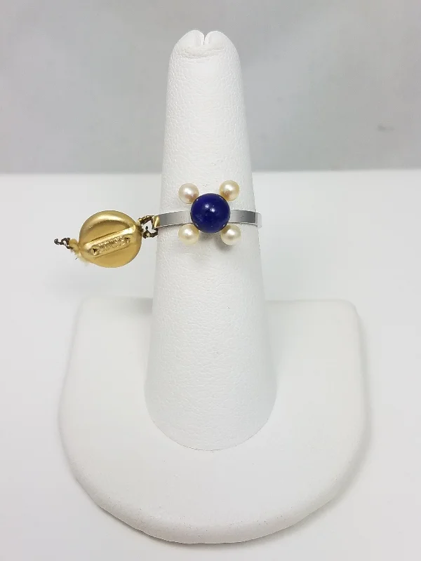 Custom Diamond Ring for Engagement-1970s New Old Stock! 18k White Gold French Sobe Lapis Pearl Ring