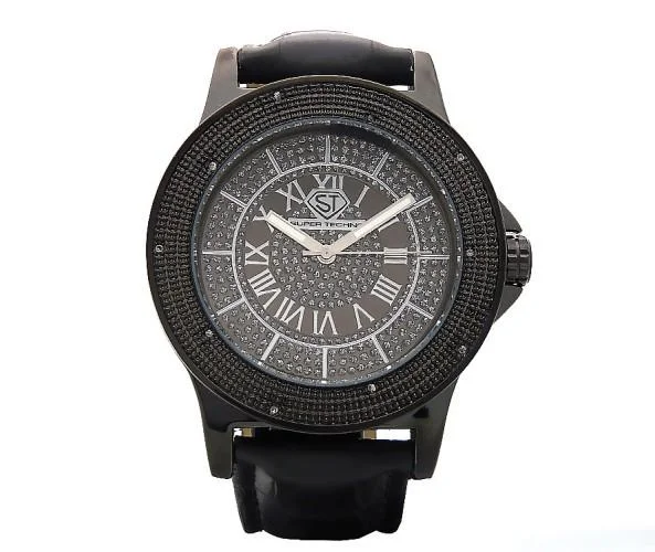 Classic Leather Band Watches for Elegant Style-Super Techno Watch .10ct Real Diamonds All Black