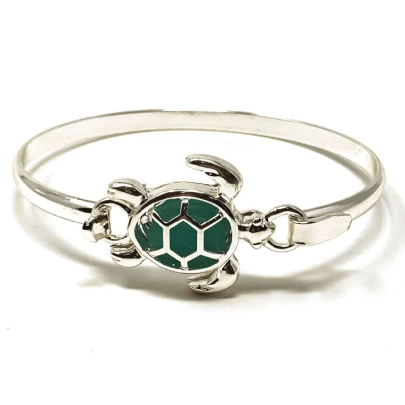 Colorful Gemstone Bangles for Casual Wear-Silver & Sea Glass Turtle Bangle Hook Bracelet