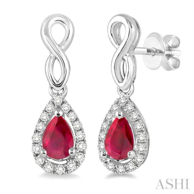 Gorgeous Earrings for Party Nights-5x3 MM Pear Shape Ruby and 1/6 Ctw Round Cut Diamond Earrings in 10K White Gold