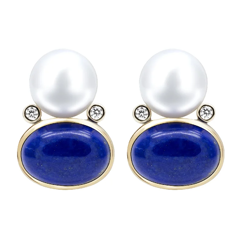 Silver Earrings for Women with Sensitive Skin-Earrings - South Sea Pearl, Lapis Lazuli And Diamond In 18k Gold