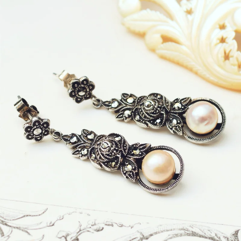 Beautiful Gem Earrings for Party-Vintage Silver, Marcasite & Pearl Earrings